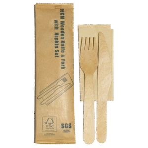 Wooden Fork Knife and Napkin Pack