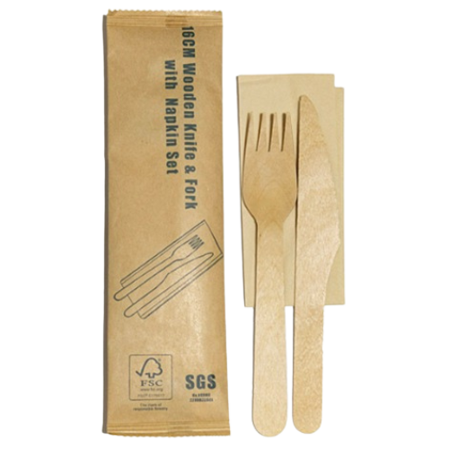 Wooden Fork Knife and Napkin Pack