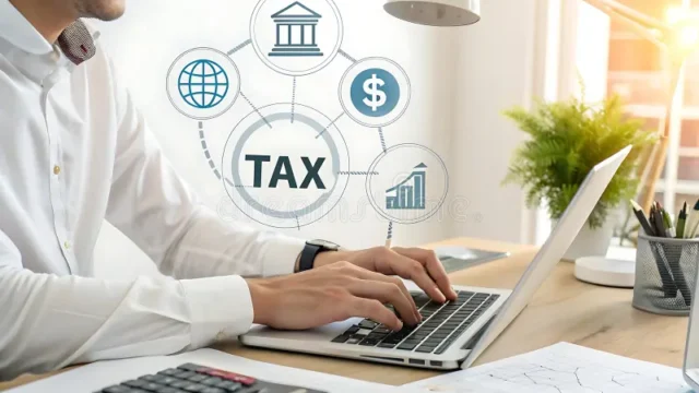 person-sits-desk-working-laptop-surrounded-financial-tools-including-calculator-papers-pen-digital-overlay-features-398514505