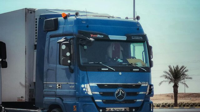 A blue freight truck parked on a sunny desert highway with a palm tree backdrop.