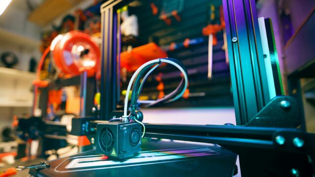 A close-up shot of a 3D printer in a vibrant and modern workshop environment.