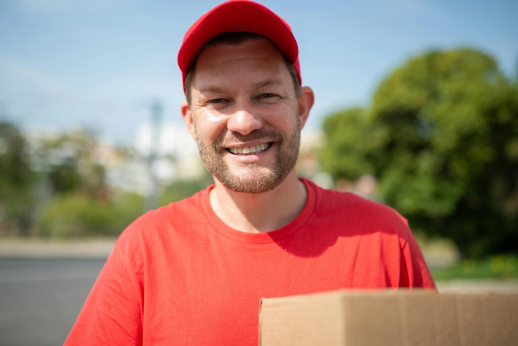 Happy deliveryman holding a box outdoors in Portugal, showcasing delivery service.