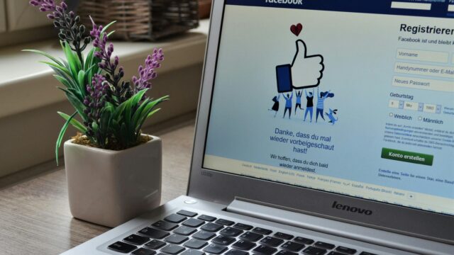 A Lenovo laptop displaying Facebook login beside a lavender plant indoors.